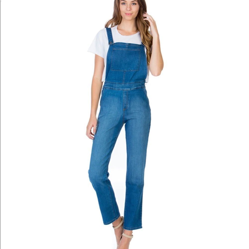 Over the Moon Long Straight Leg‎ Denim Overalls Medium Wash